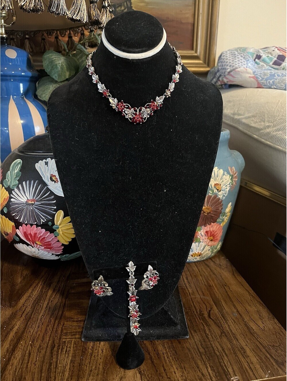 Christina Collection Costume Jewelry Necklace Bracelet Earrings Ruby Red Silver